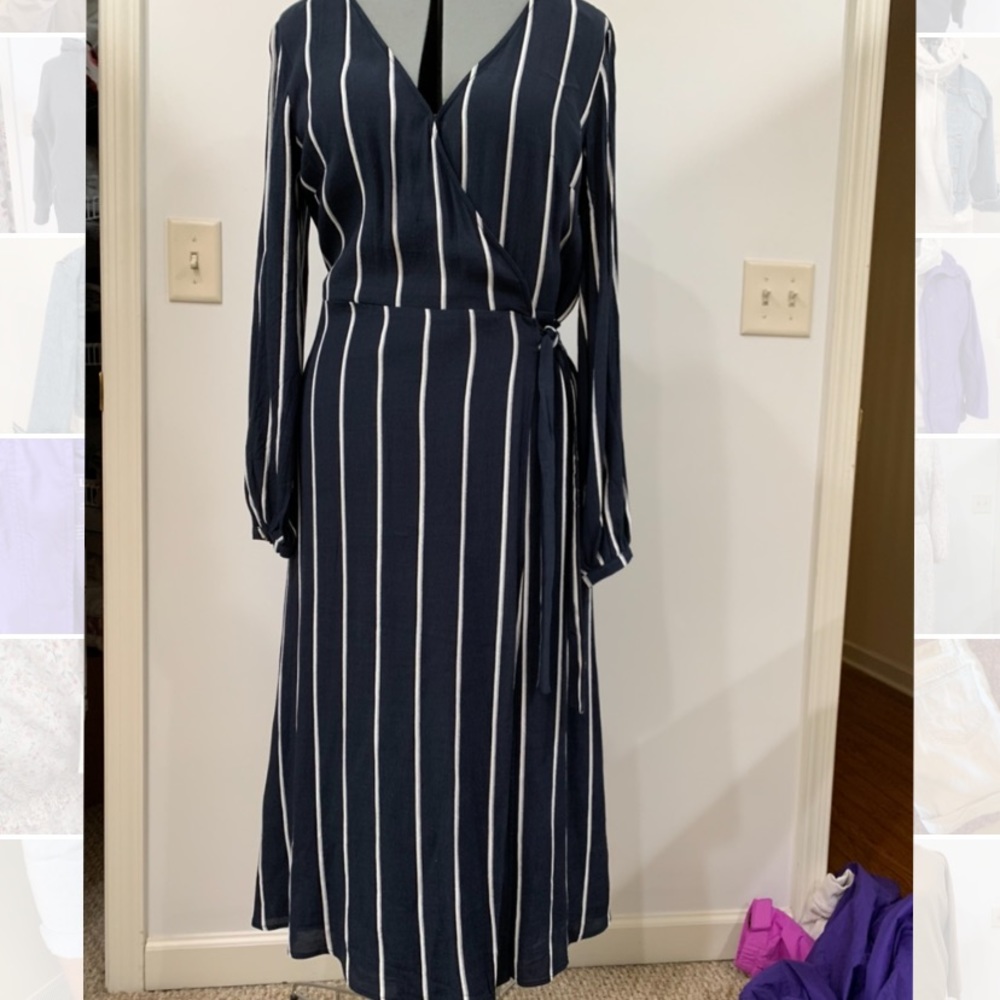 Navy striped wrap dress